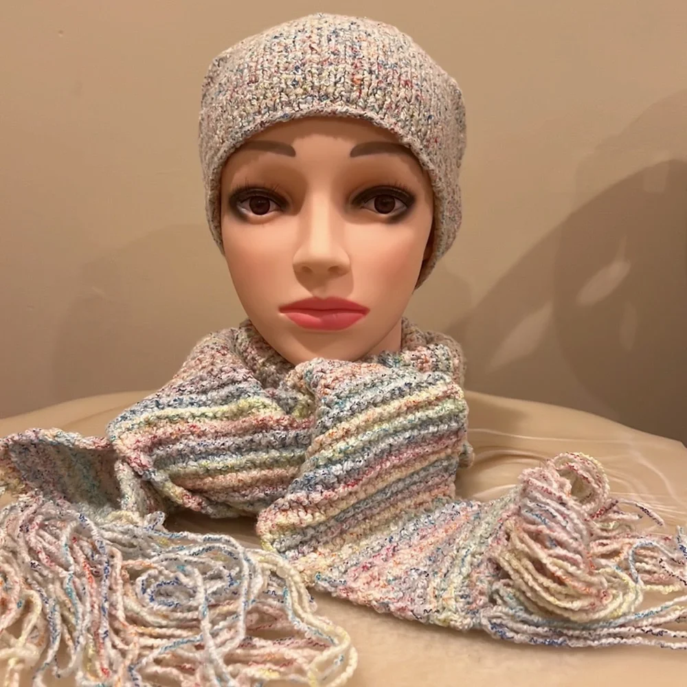 Handmade Knit Women's Hat and Scarf Set Multi-Color Pastel Confetti Winter Warm